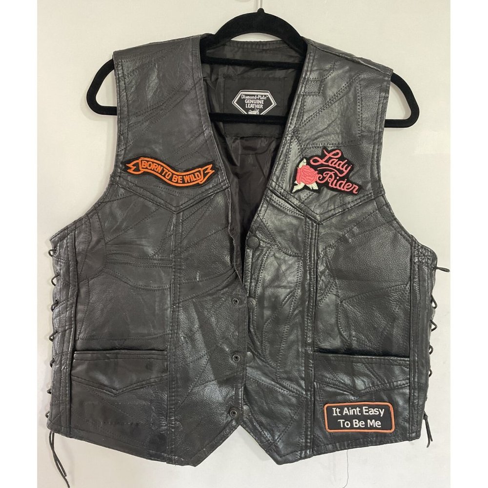 Diamond plate buffalo leather jacket Vest Girls Black Size 5XL Usa American Flag